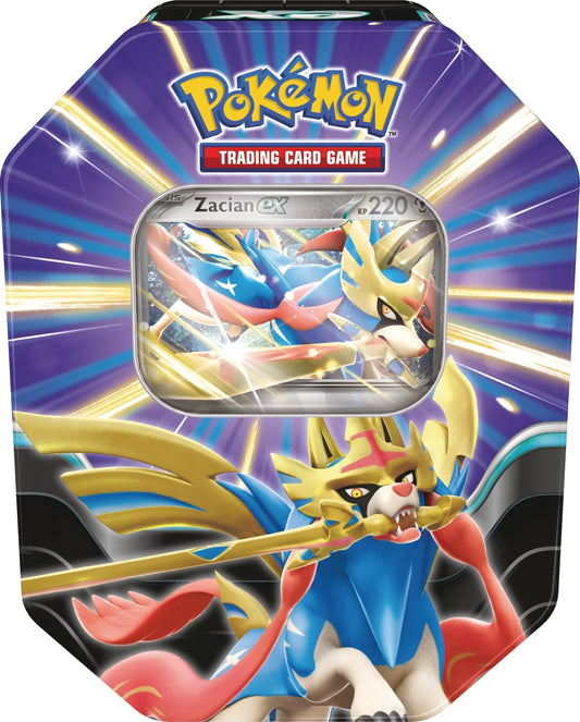 Pokemon TCG: Zacian-ex Tin-Box „Schlagkräftige Legenden“ (Deutsch) – 4 Booster + Promo – OVP & Original
